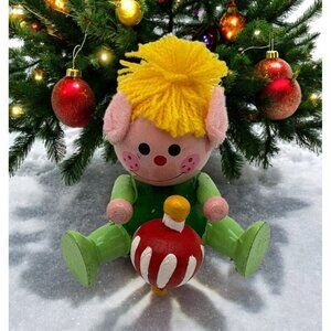 Vintage Wooden Christmas Elf Tree Ornament Playing With Toy Top Santas Helper